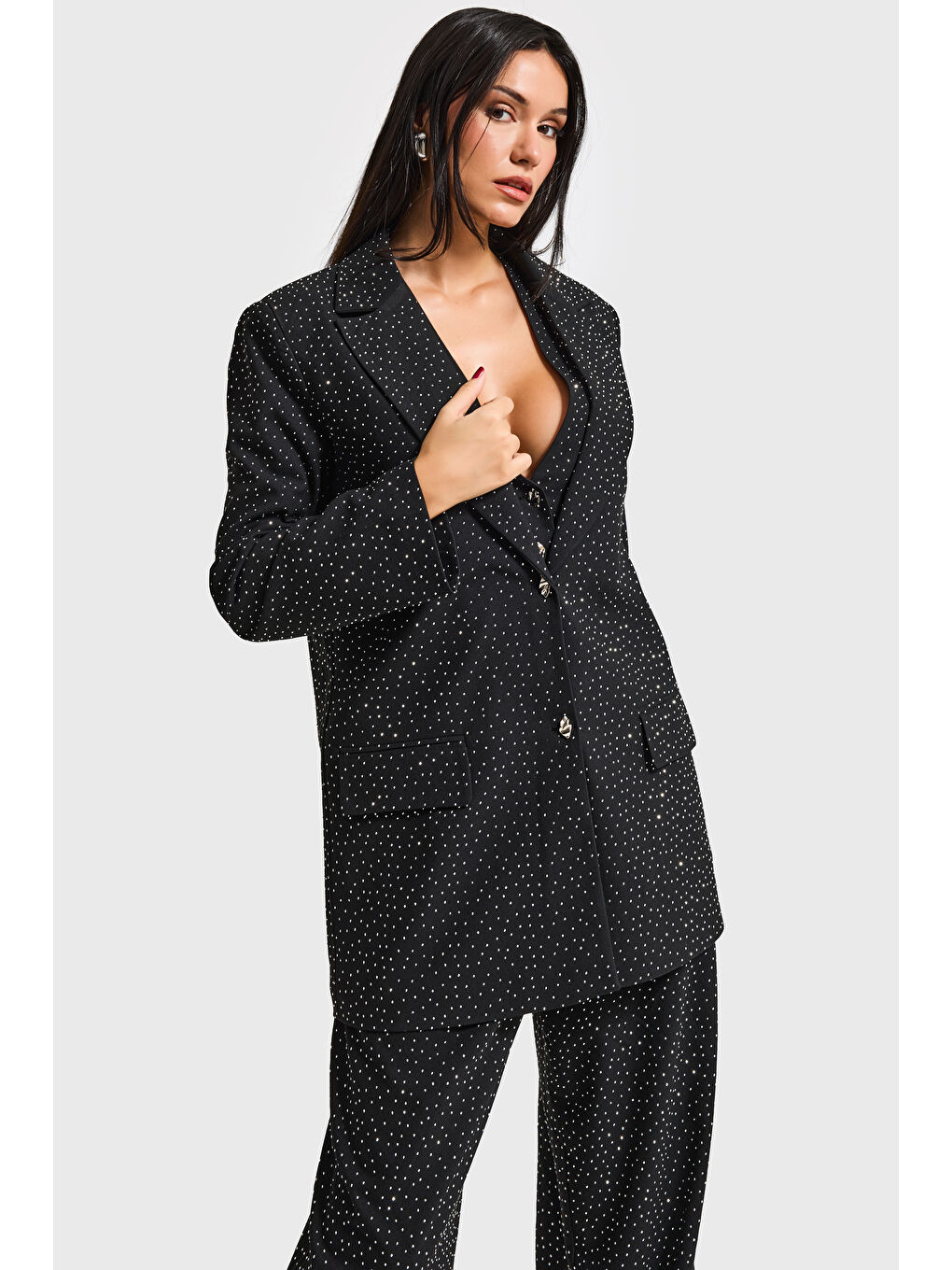 Kadın Siyah w5-1 Oversize Ful Parlak Taşlı Özel Tasarım Ceket-3