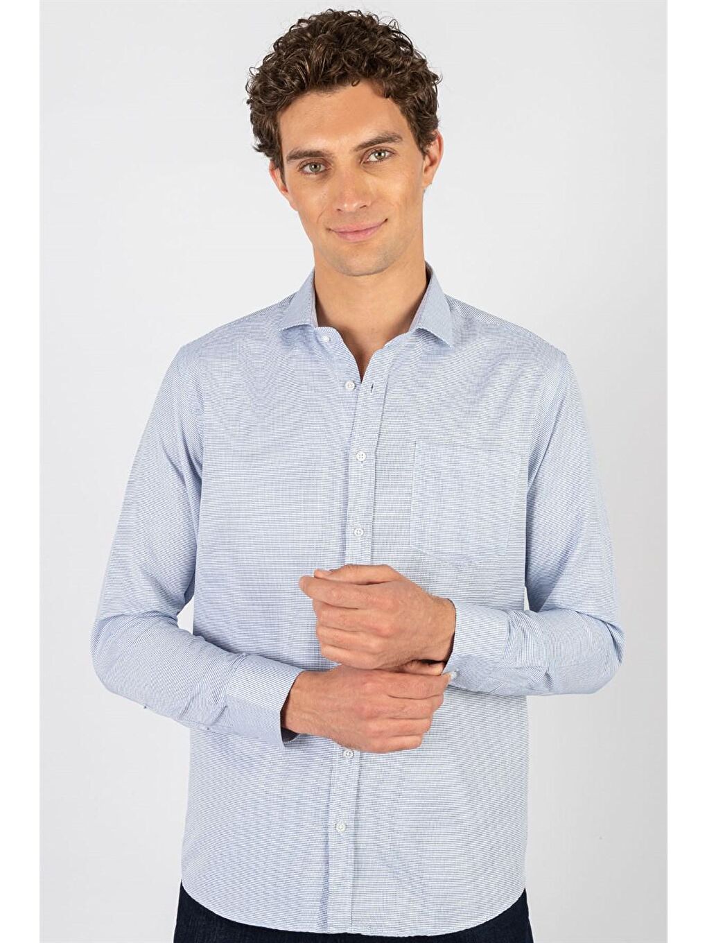 Klasik Fit Pamuklu Kolay Ütü Armürlü Erkek Mavi Gömlek