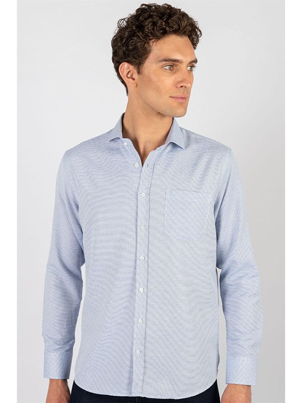 Klasik Fit Pamuklu Kolay Ütü Armürlü Erkek Mavi Gömlek-1