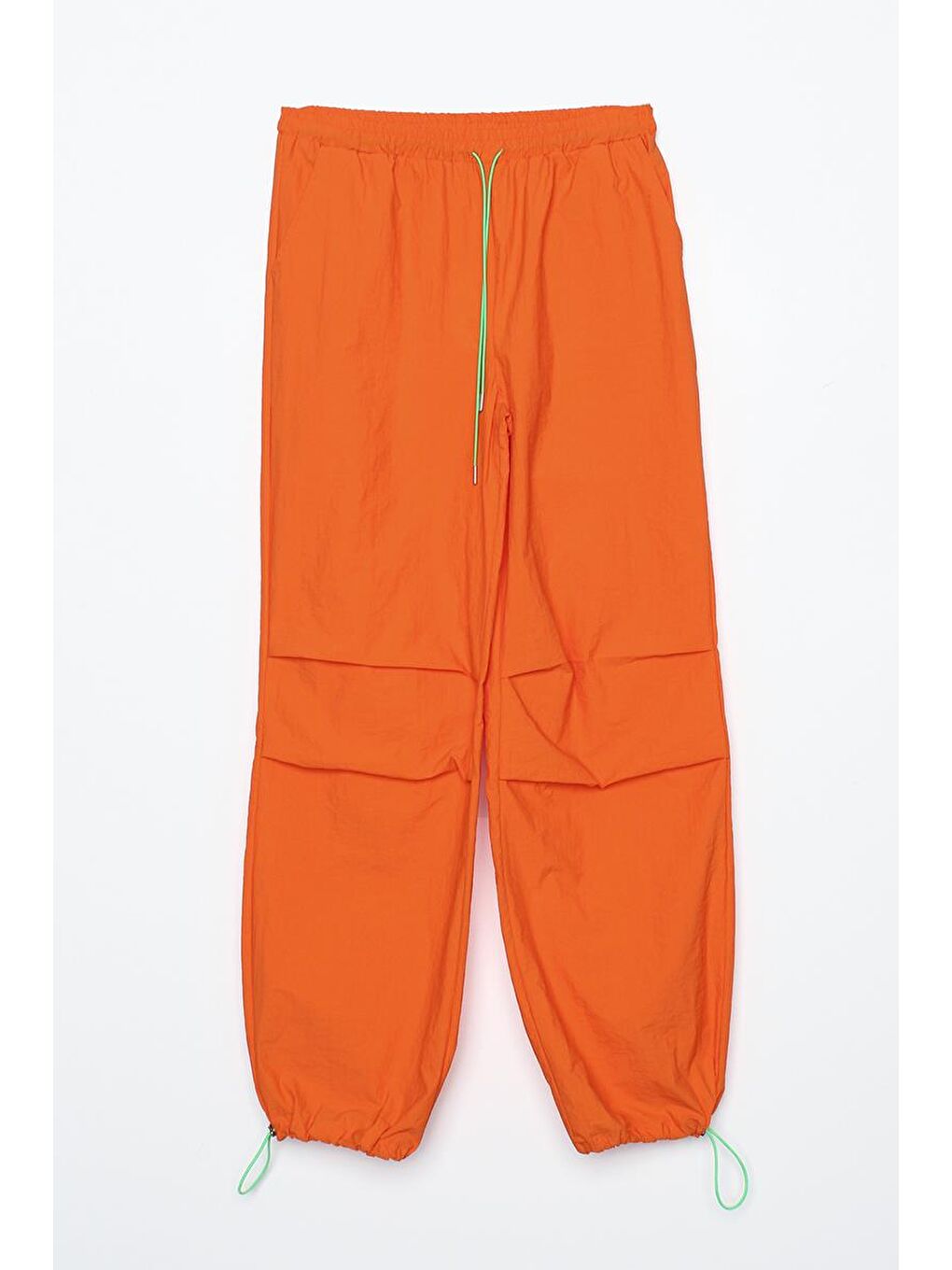 Turuncu-Paraşüt Kumaş Pile Detaylı Paçası Büzgülü Pantolon-6