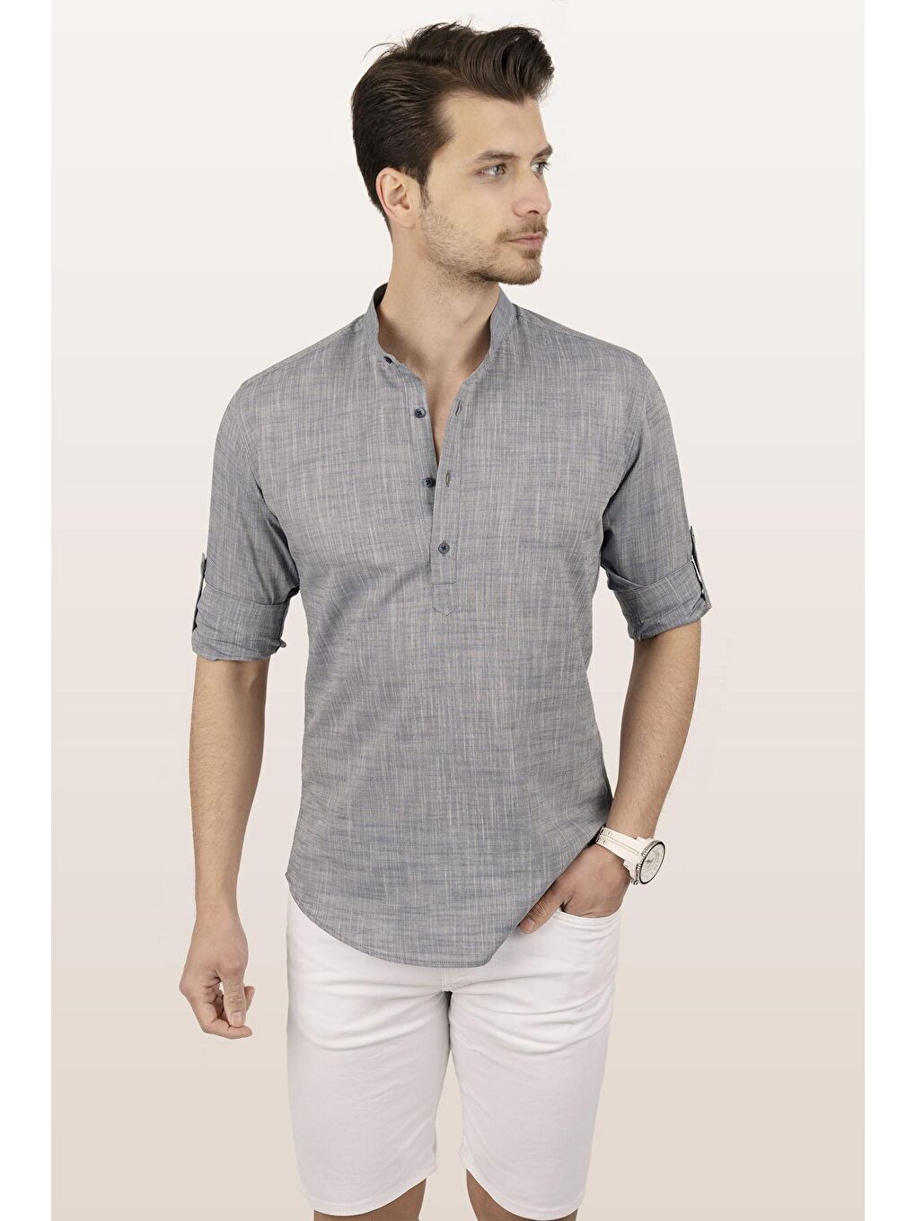 Gri Açık Füme Hakim Yaka Keten Üç Düğmeli Slimfit Erkek Gömlek-1
