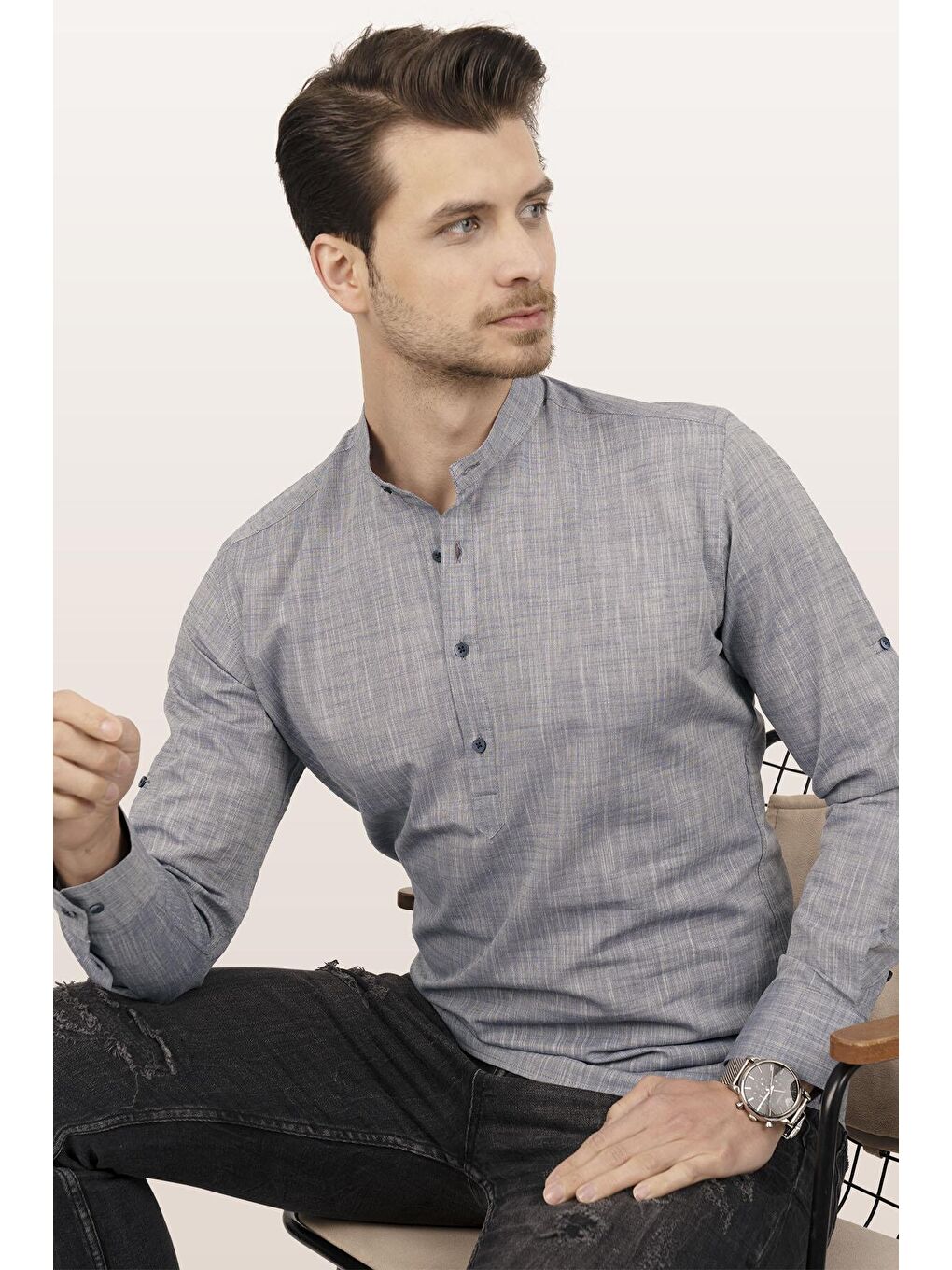 Gri Açık Füme Hakim Yaka Keten Üç Düğmeli Slimfit Erkek Gömlek-2