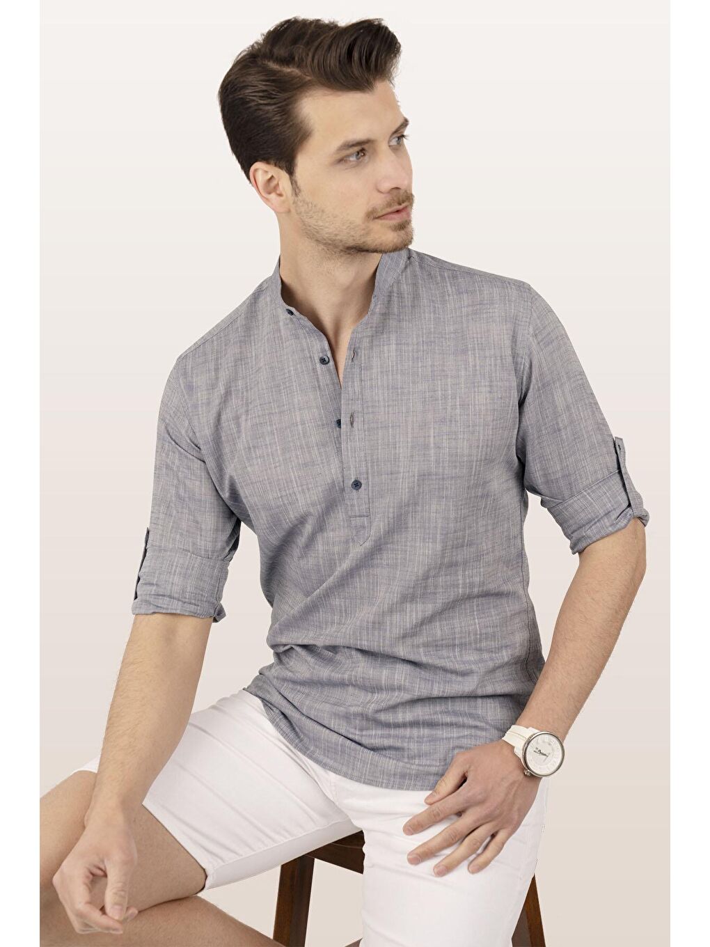 Gri Açık Füme Hakim Yaka Keten Üç Düğmeli Slimfit Erkek Gömlek-4