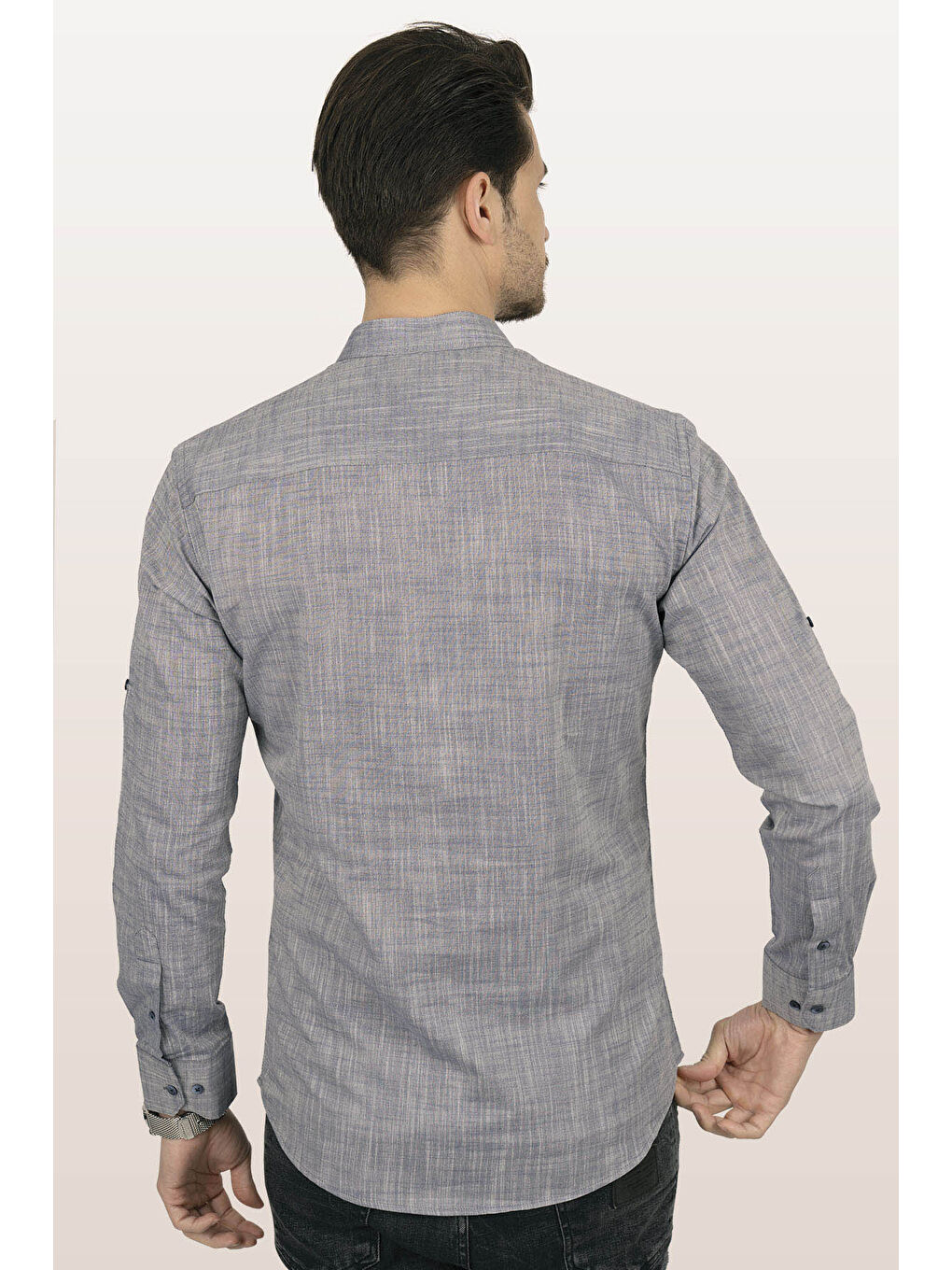 Gri Açık Füme Hakim Yaka Keten Üç Düğmeli Slimfit Erkek Gömlek-6
