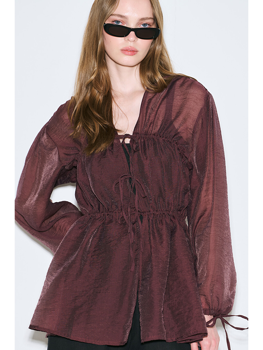 Büzgülü Bağlamalı Bluz Bordo-4