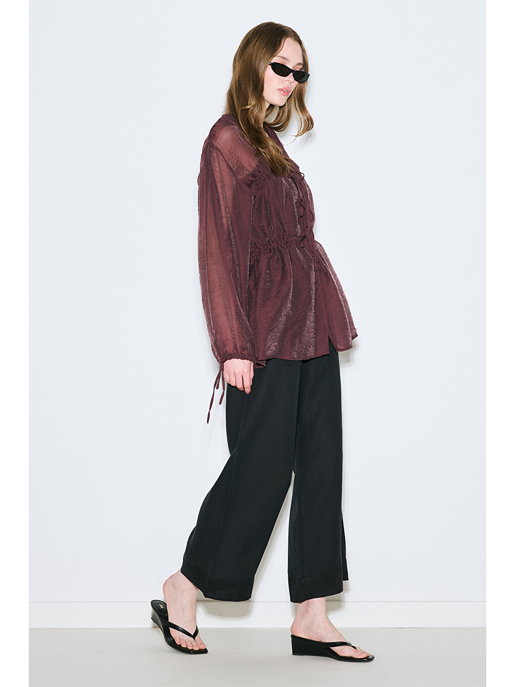 Büzgülü Bağlamalı Bluz Bordo-5