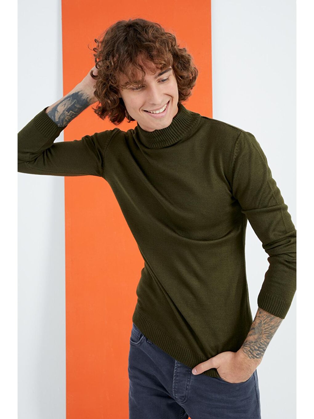 Erkek Haki Yarım Balıkçı Yaka Basic Triko Kazak