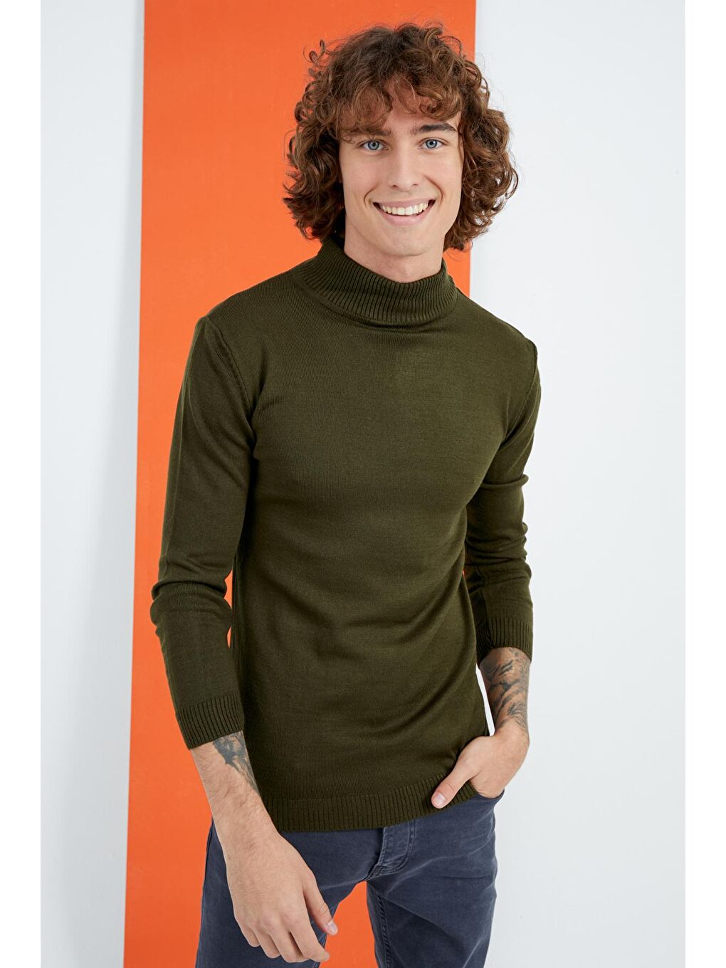 Erkek Haki Yarım Balıkçı Yaka Basic Triko Kazak-1