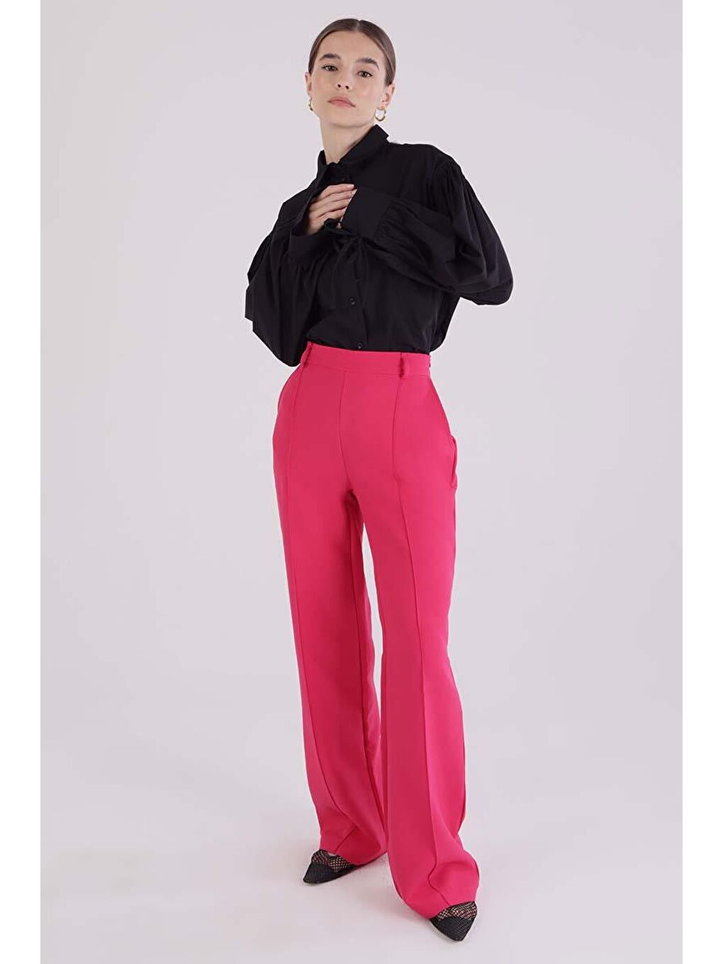 Fuşya-Nervürlü Palazzo Pantolon-2