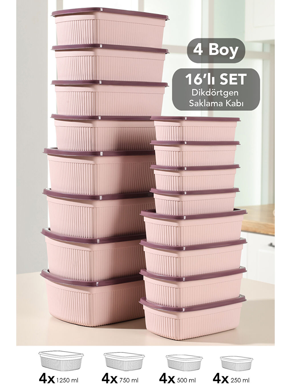 Pembe 16'lı Çizgili Dikdörtgen Gıda Saklama Kabı Seti