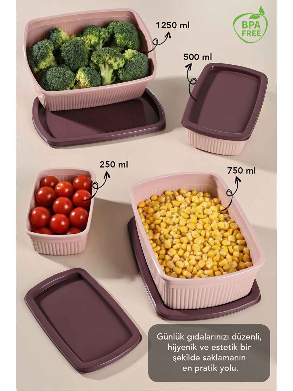 Pembe 16'lı Çizgili Dikdörtgen Gıda Saklama Kabı Seti-1