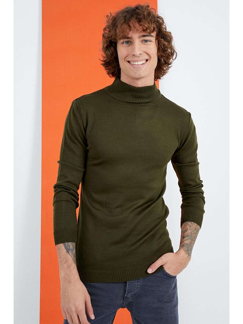 Erkek Haki Yarım Balıkçı Yaka Basic Triko Kazak-2