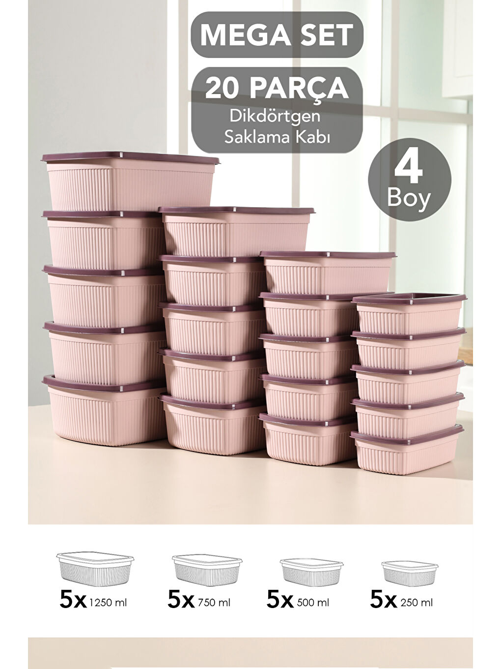 Pembe 20'li Çizgili Dikdörtgen Gıda Saklama Kabı Seti