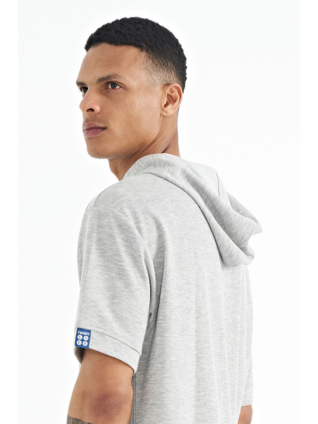 Gri Melanj Kapüşonlu Kol Etiket Detaylı Oversize Erkek Tişört - 88179-2