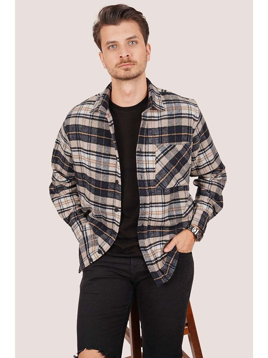 Kahverengi Sütlü Kahve Lacivert Oversize (Geçişli Kalın) %100 Pamuk Erkek Oduncu Gömlek-1