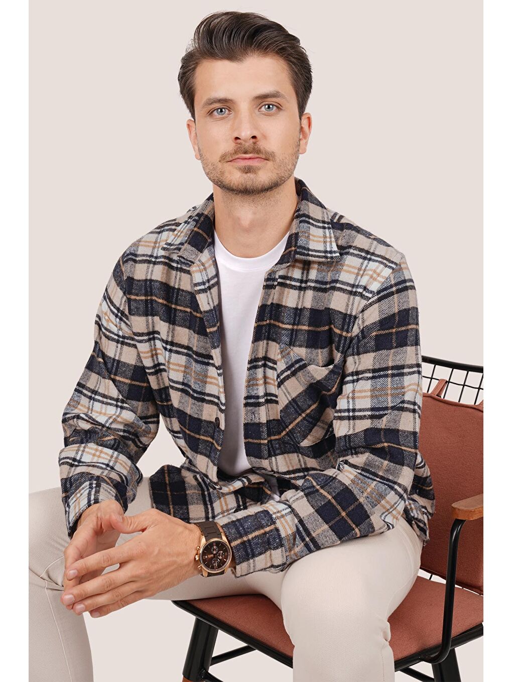 Kahverengi Sütlü Kahve Lacivert Oversize (Geçişli Kalın) %100 Pamuk Erkek Oduncu Gömlek-2