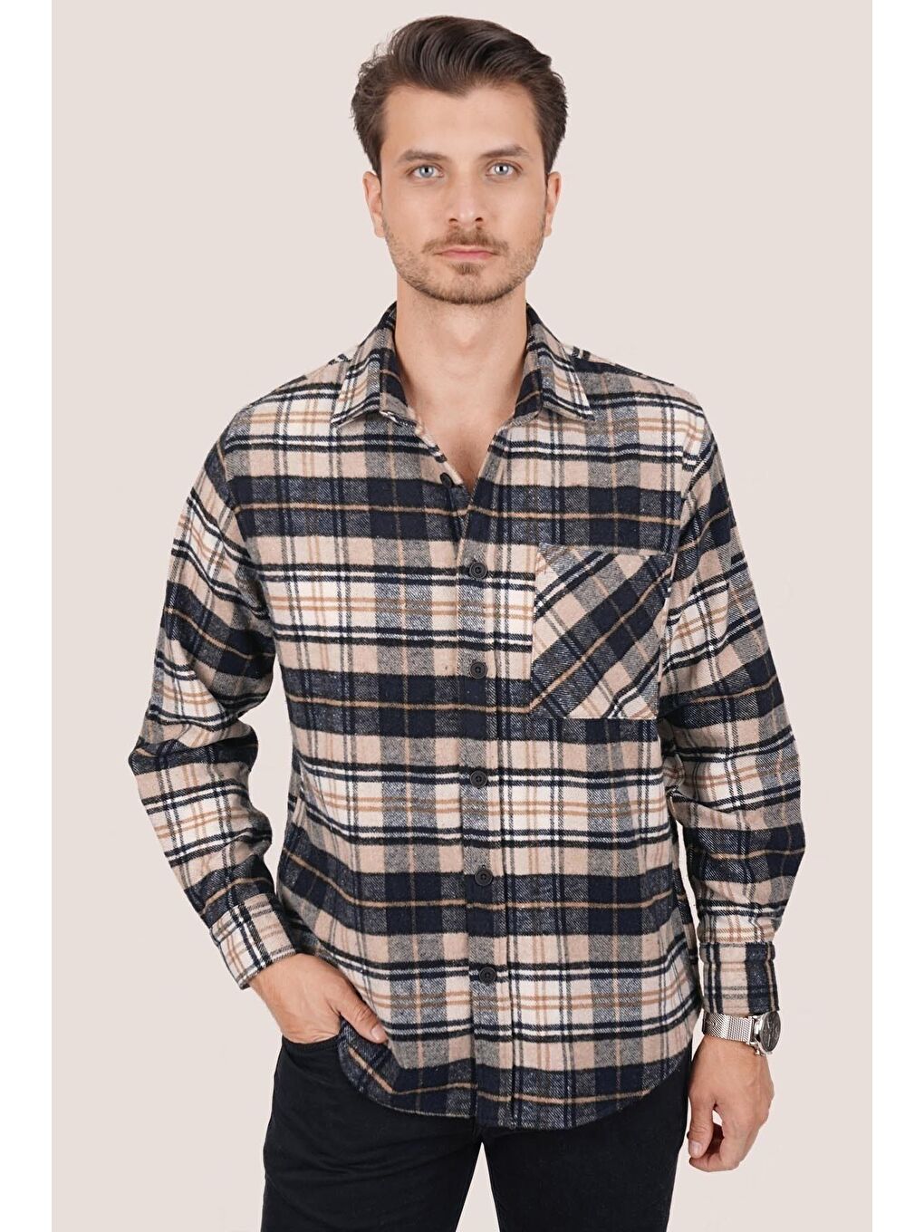 Kahverengi Sütlü Kahve Lacivert Oversize (Geçişli Kalın) %100 Pamuk Erkek Oduncu Gömlek-4