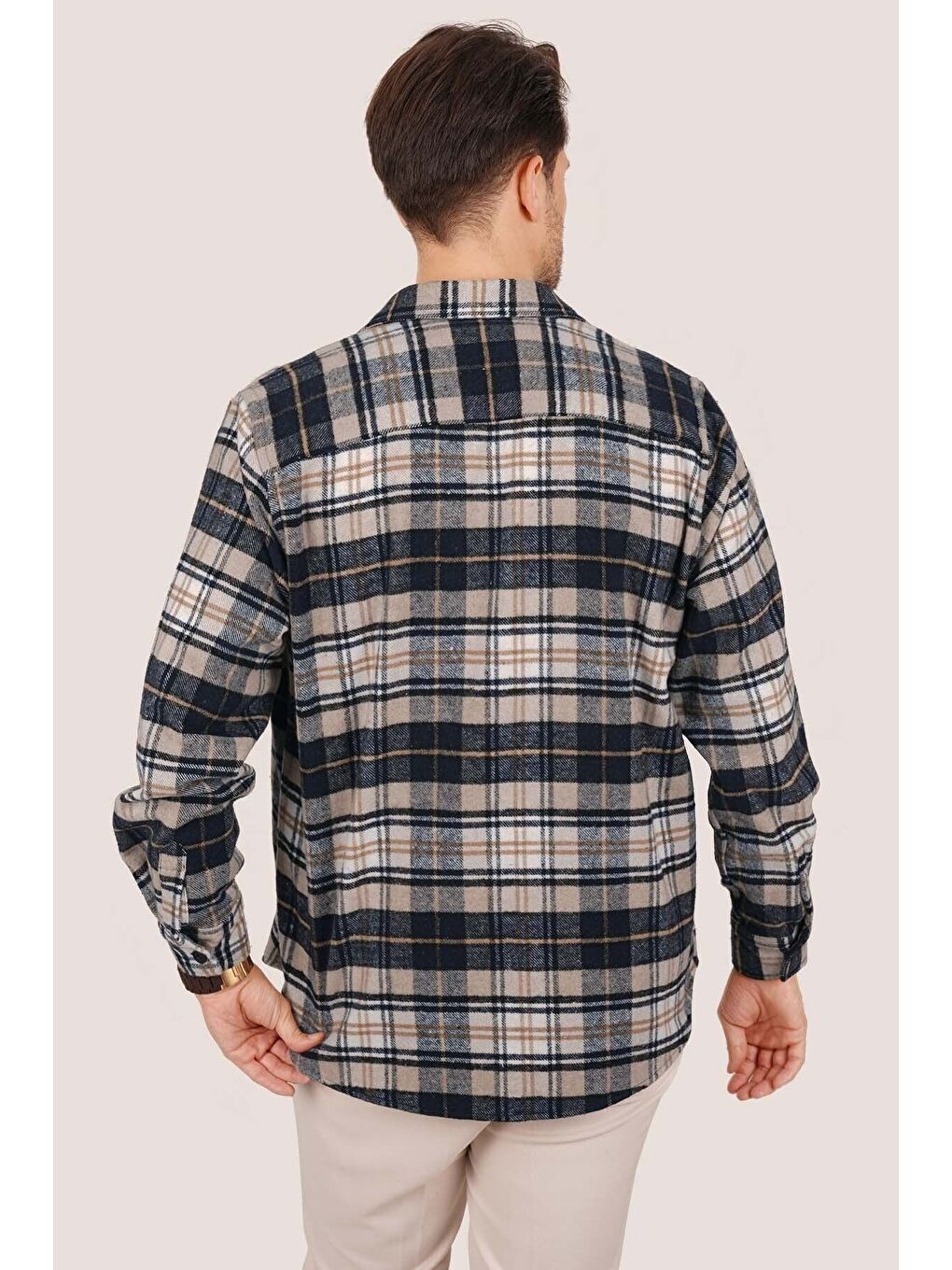 Kahverengi Sütlü Kahve Lacivert Oversize (Geçişli Kalın) %100 Pamuk Erkek Oduncu Gömlek-6