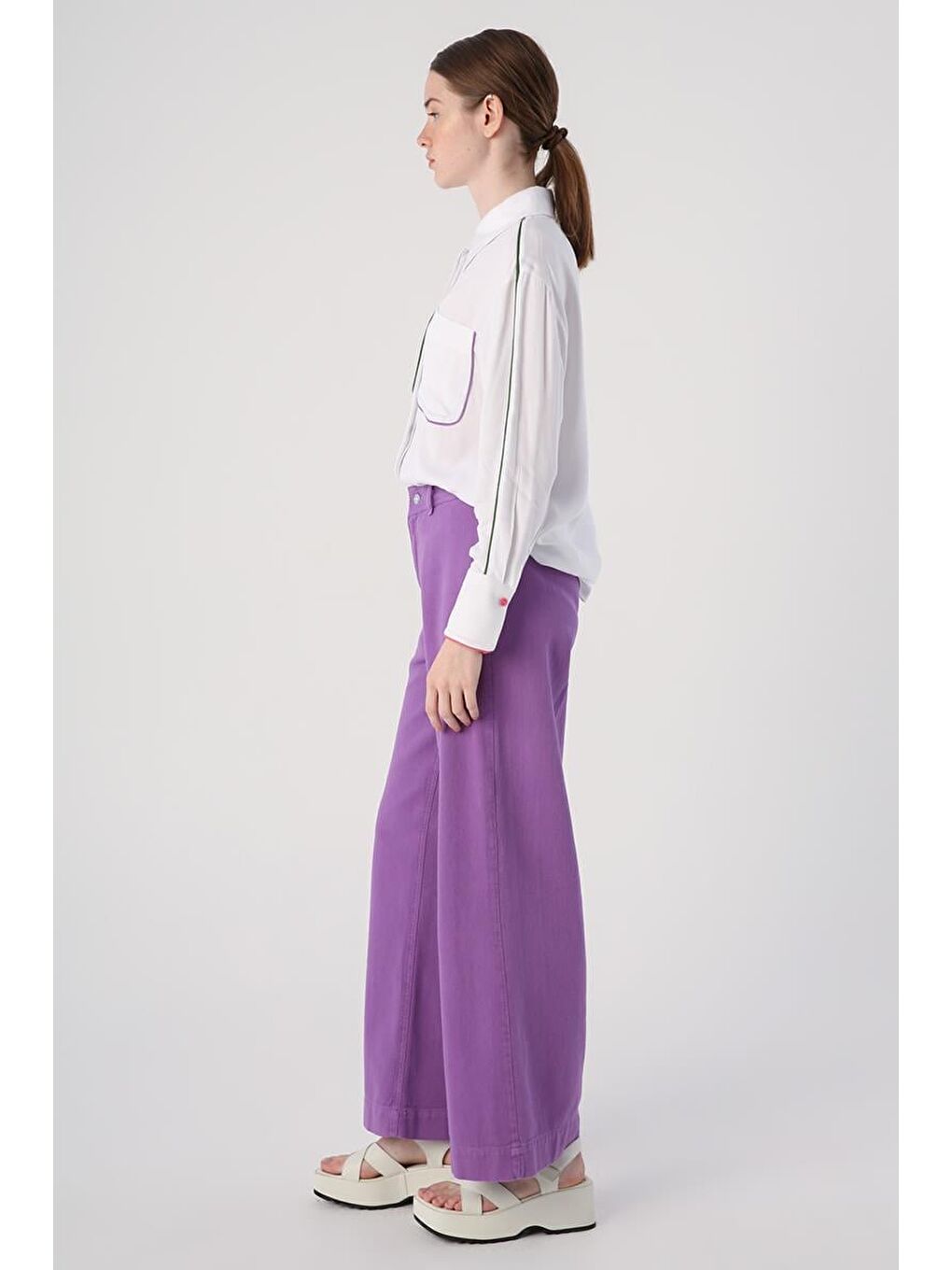 Mor-%100 Pamuk Yüksek Bel Bol Paça Pantolon-2