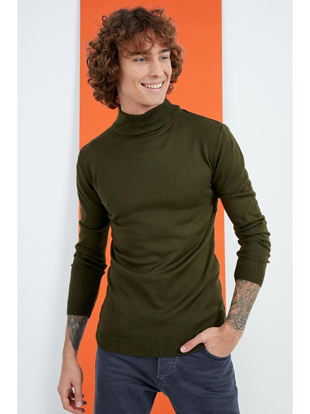 Erkek Haki Yarım Balıkçı Yaka Basic Triko Kazak-3