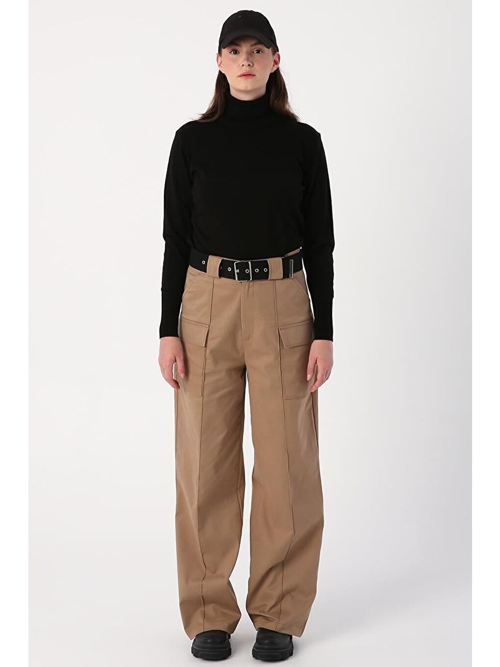 Bej-Palaska Kemerli Cepli Bol Paça Pantolon-1