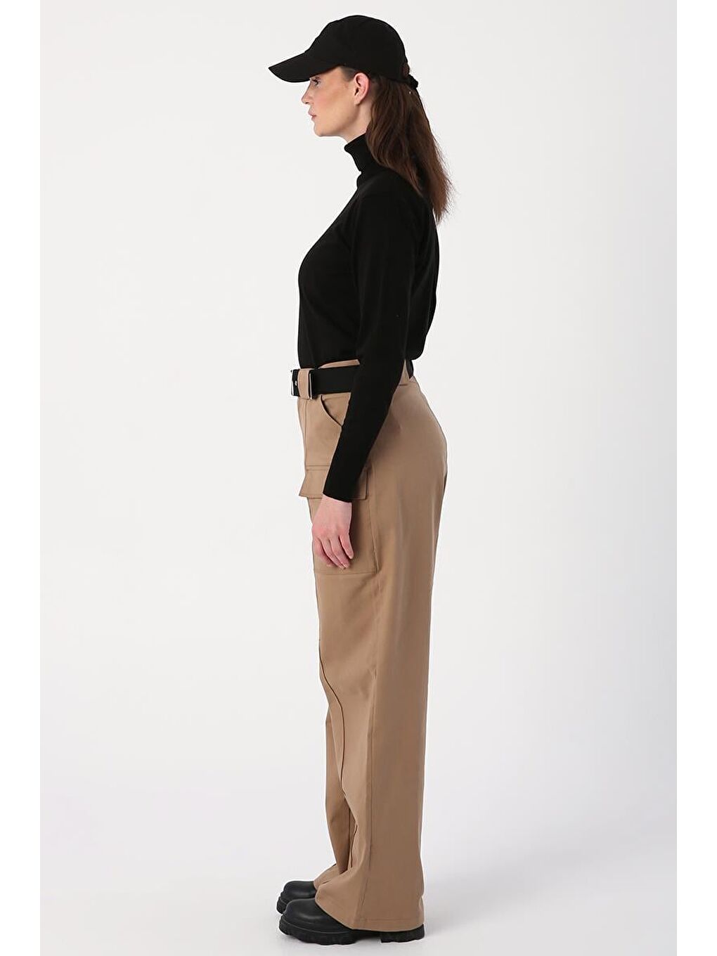 Bej-Palaska Kemerli Cepli Bol Paça Pantolon-2