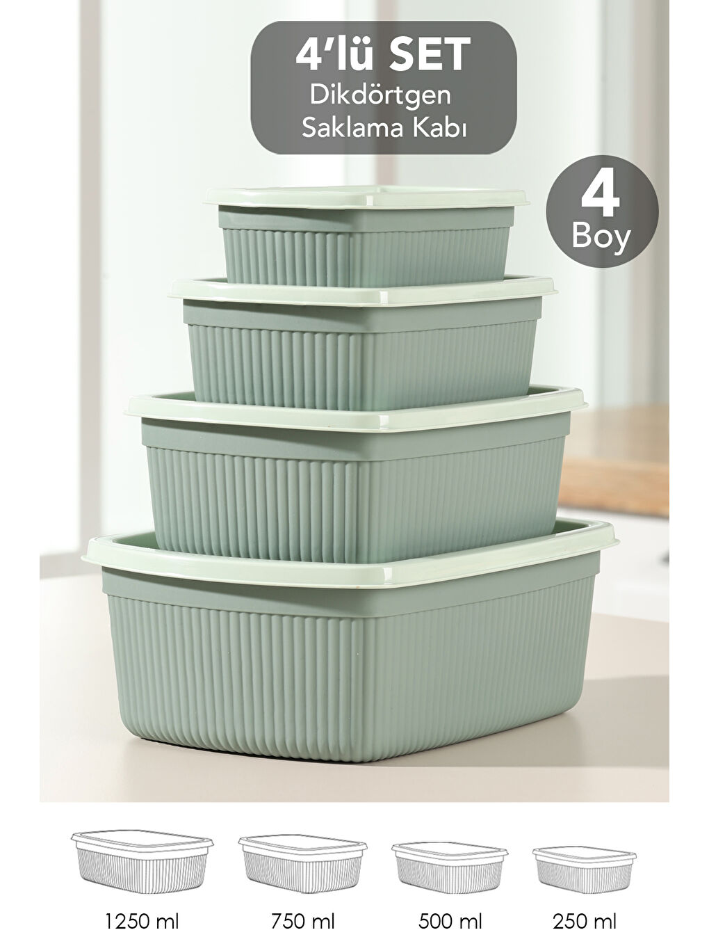 Yeşil 4'lü Çizgili Dikdörtgen Gıda Saklama Kabı Seti