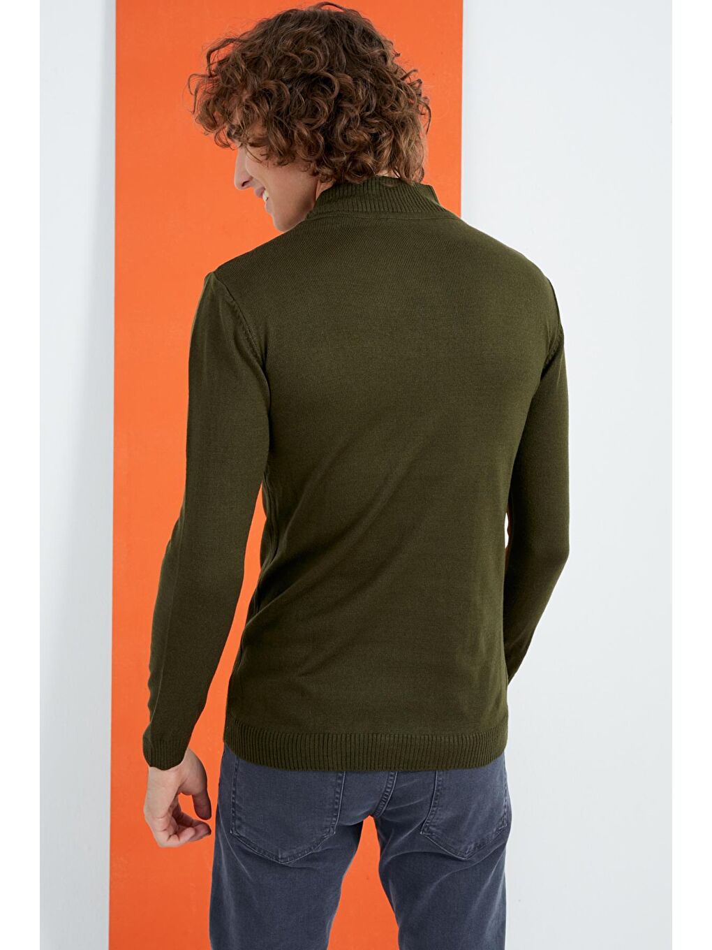 Erkek Haki Yarım Balıkçı Yaka Basic Triko Kazak-4