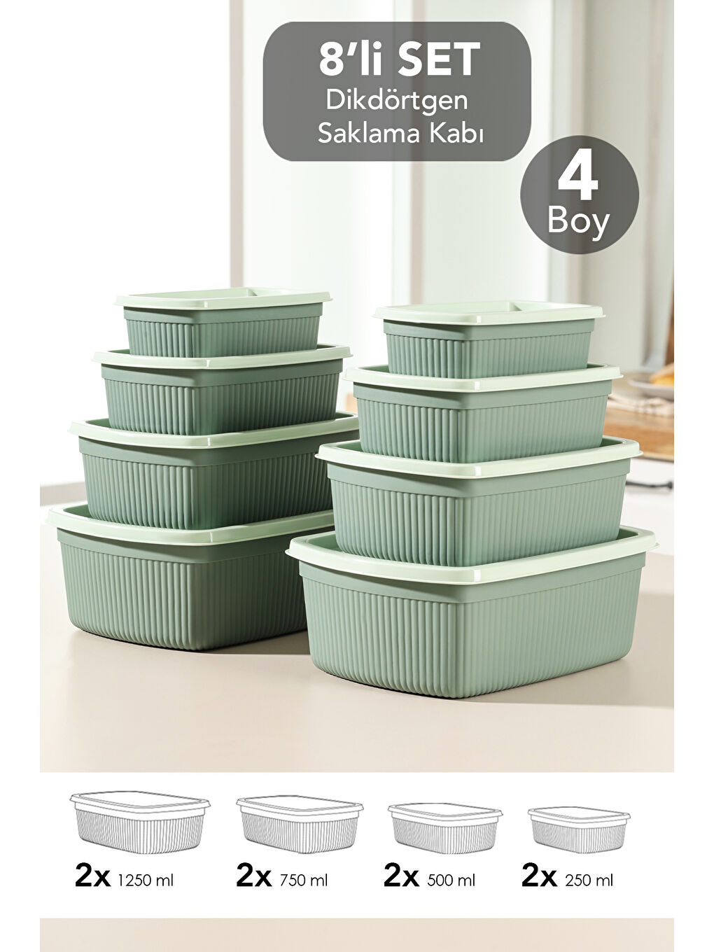 Yeşil 8'li Çizgili Dikdörtgen Gıda Saklama Kabı Seti