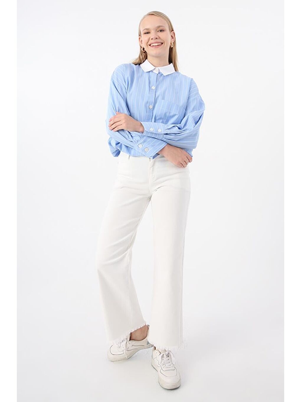 Beyaz-Pamuklu Paçası Püsküllü Pantolon