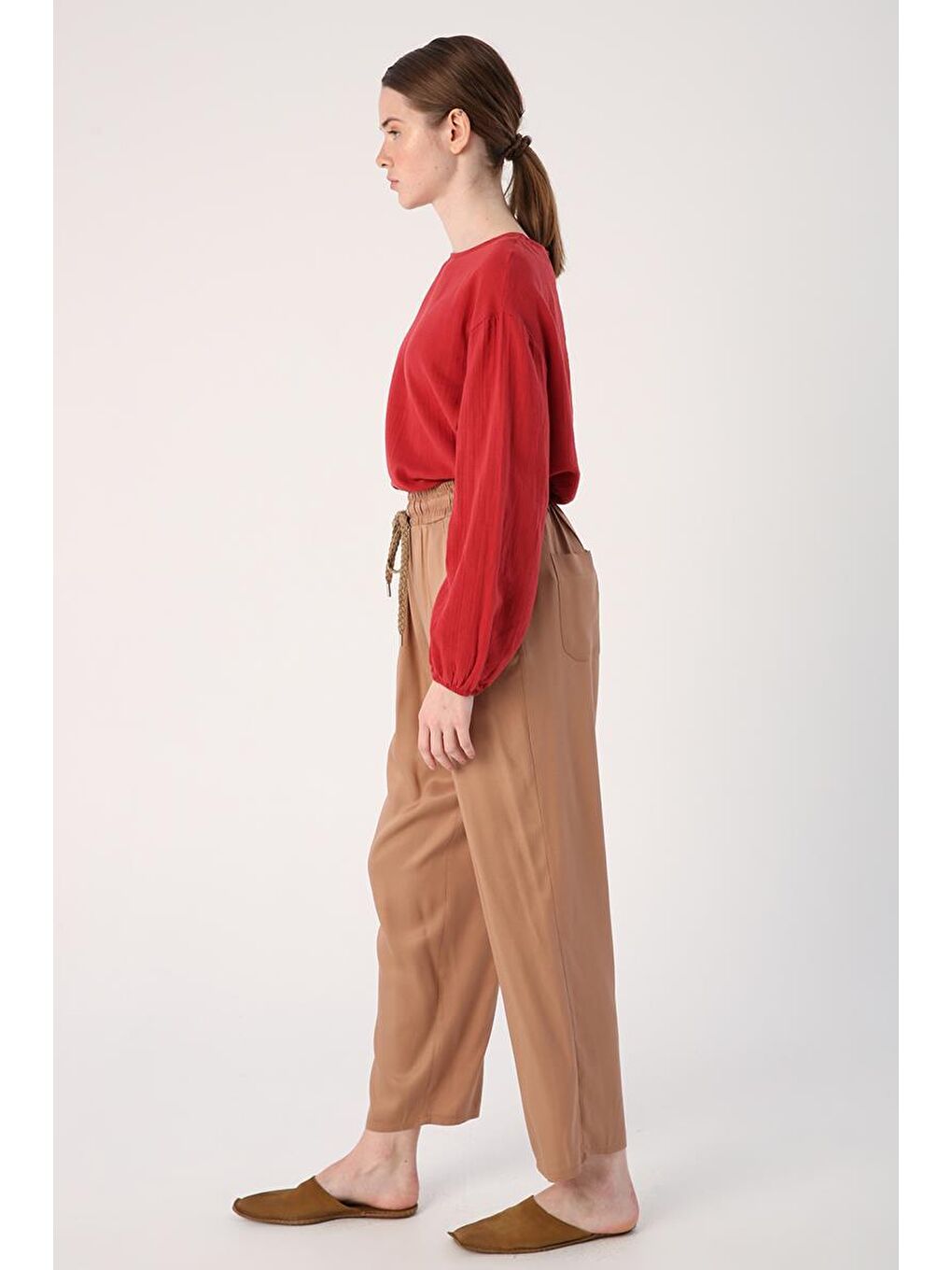 Bej Vizon-Beli Lastikli Geniş Paça Pantolon-2