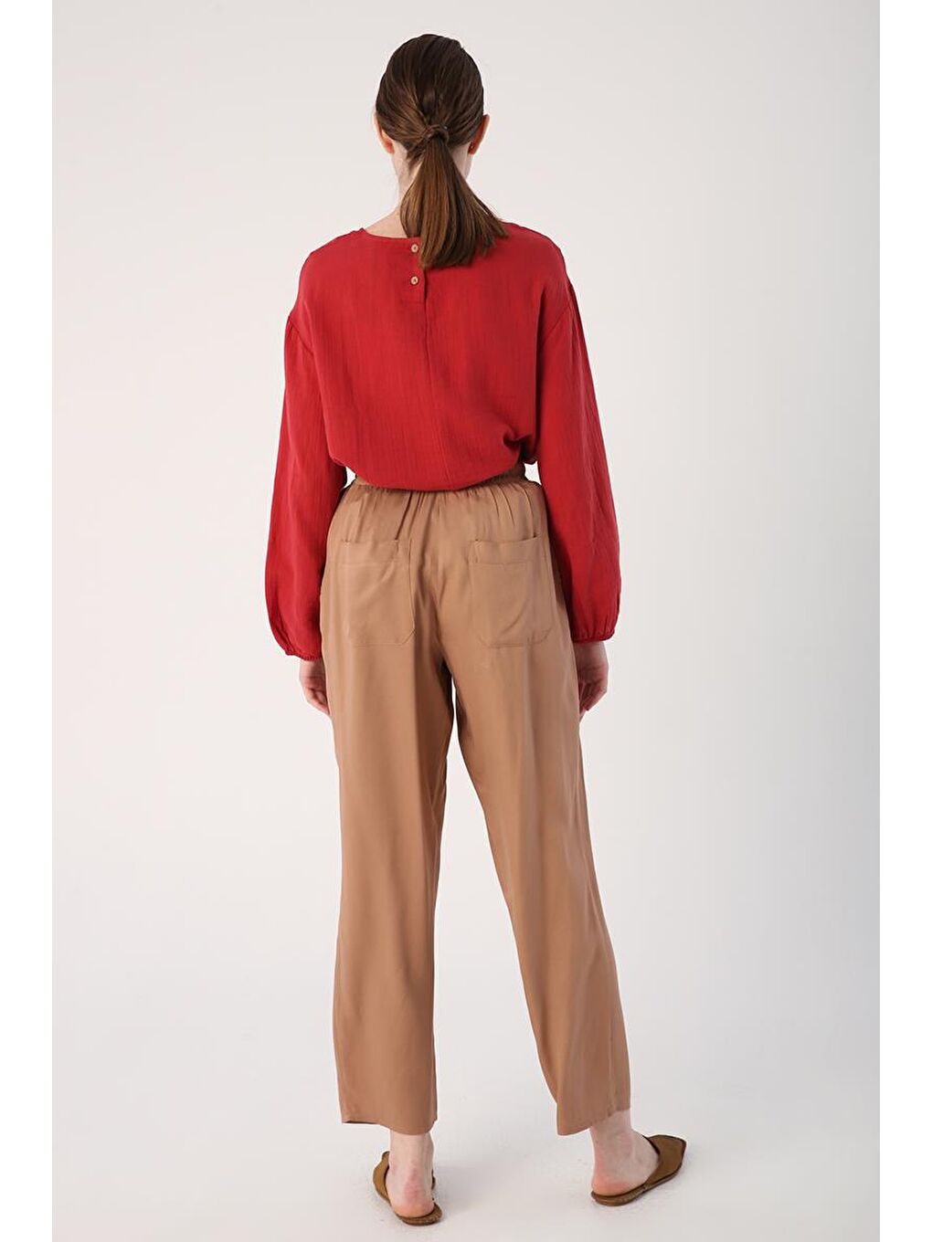 Bej Vizon-Beli Lastikli Geniş Paça Pantolon-3