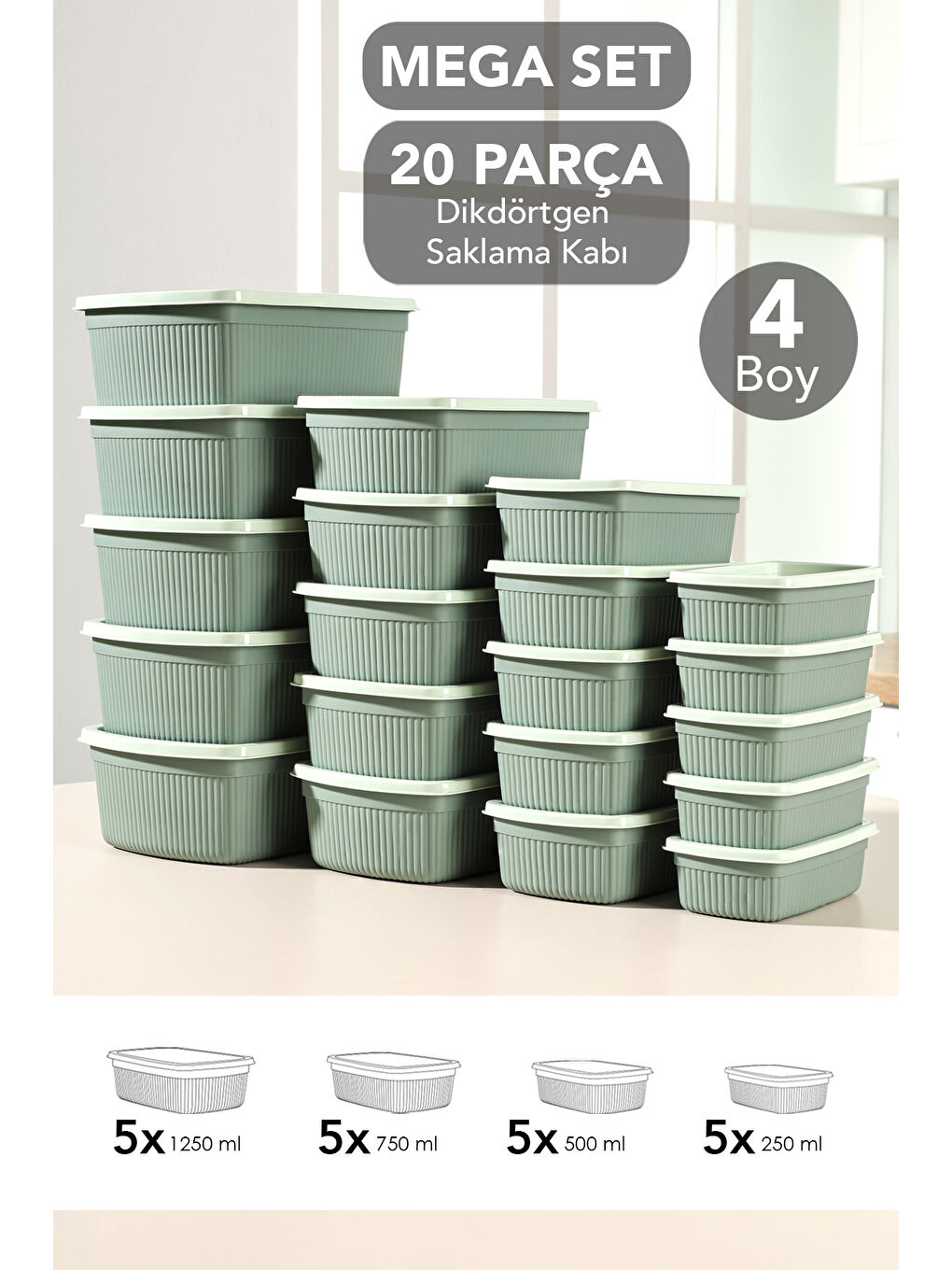 Yeşil 20'li Çizgili Dikdörtgen Gıda Saklama Kabı Seti