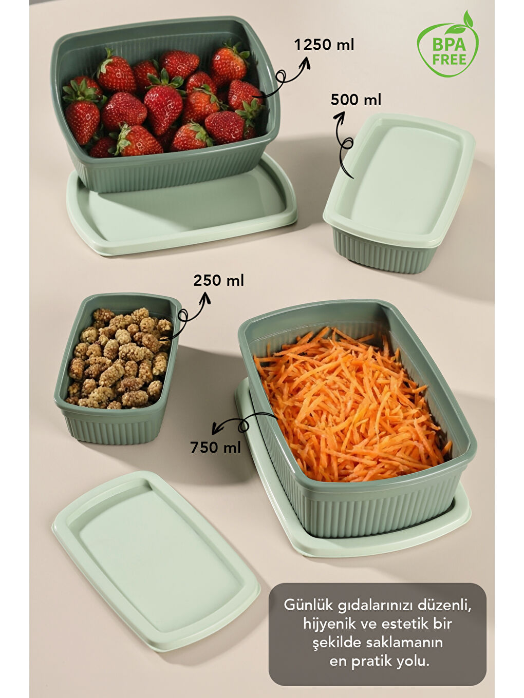 Yeşil 24'lü Çizgili Dikdörtgen Gıda Saklama Kabı Seti-1