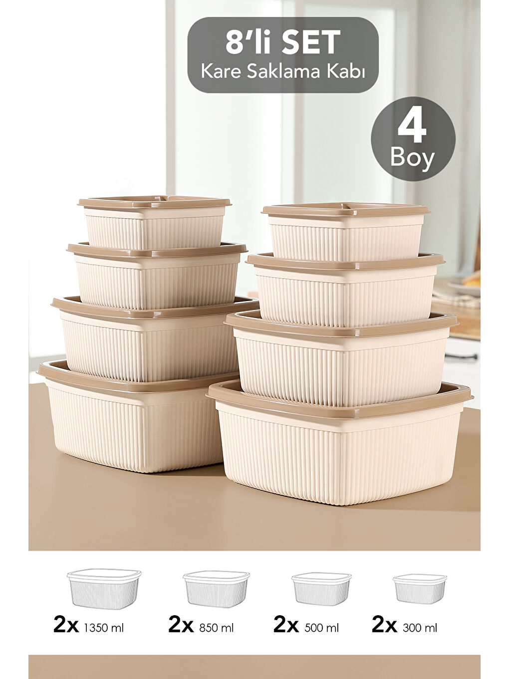 Bej 8'li Çizgili Kare Gıda Saklama Kabı Seti