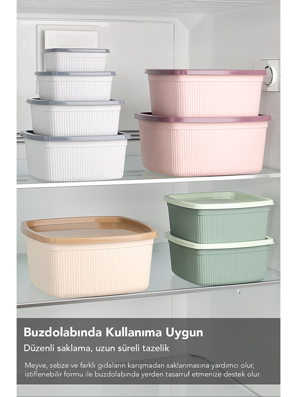 Bej 8'li Çizgili Kare Gıda Saklama Kabı Seti-3