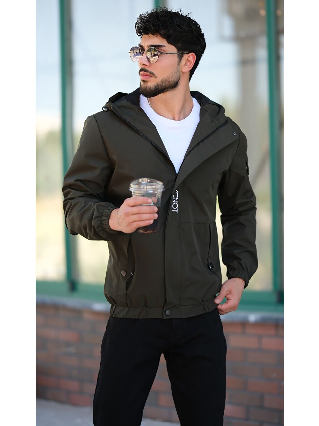 Haki Kol Cepli Baskılı Spor Elastan Kumaş Erkek Yağmurluk Mevsimlik-1