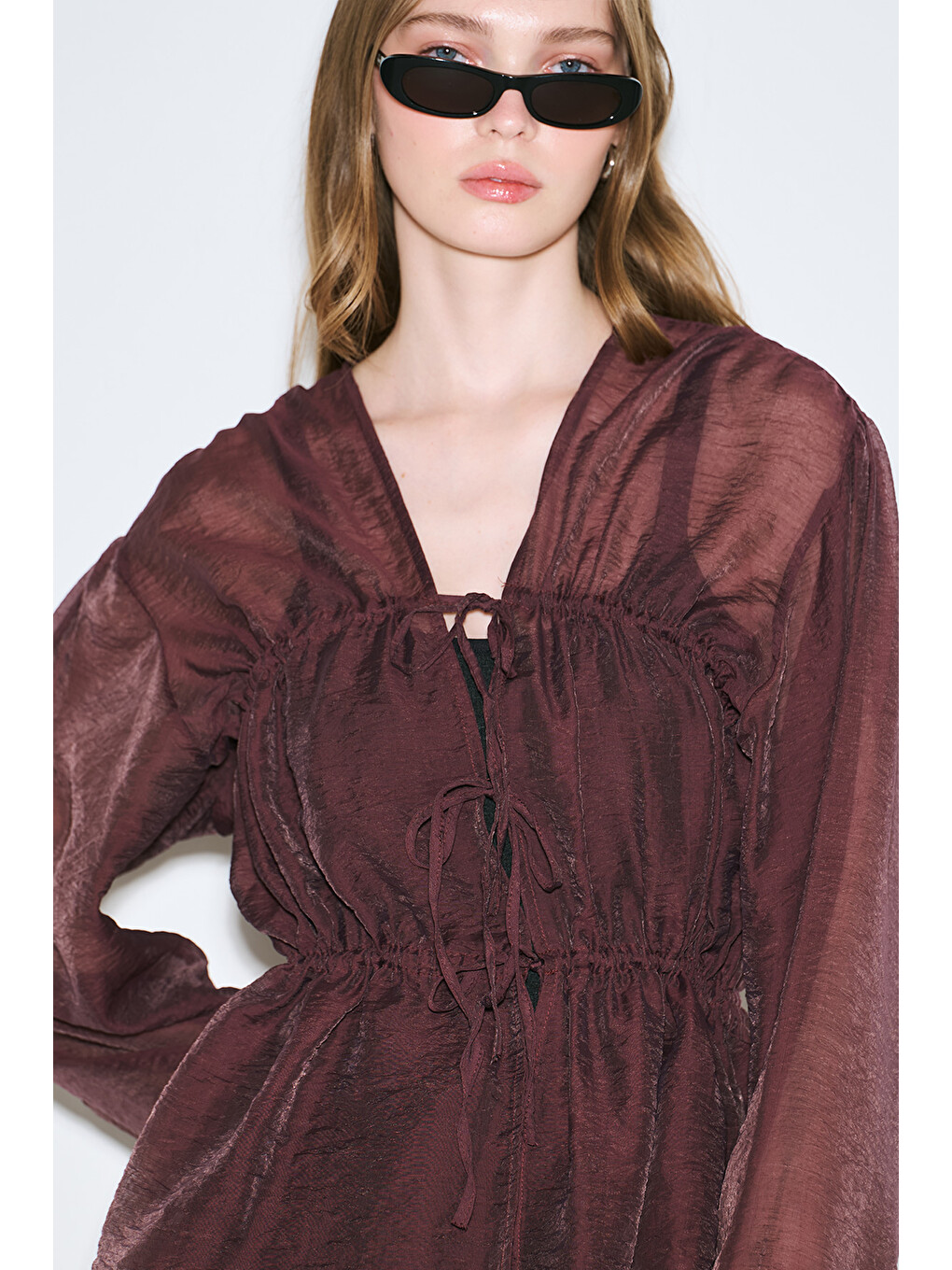 Büzgülü Bağlamalı Bluz Bordo-6