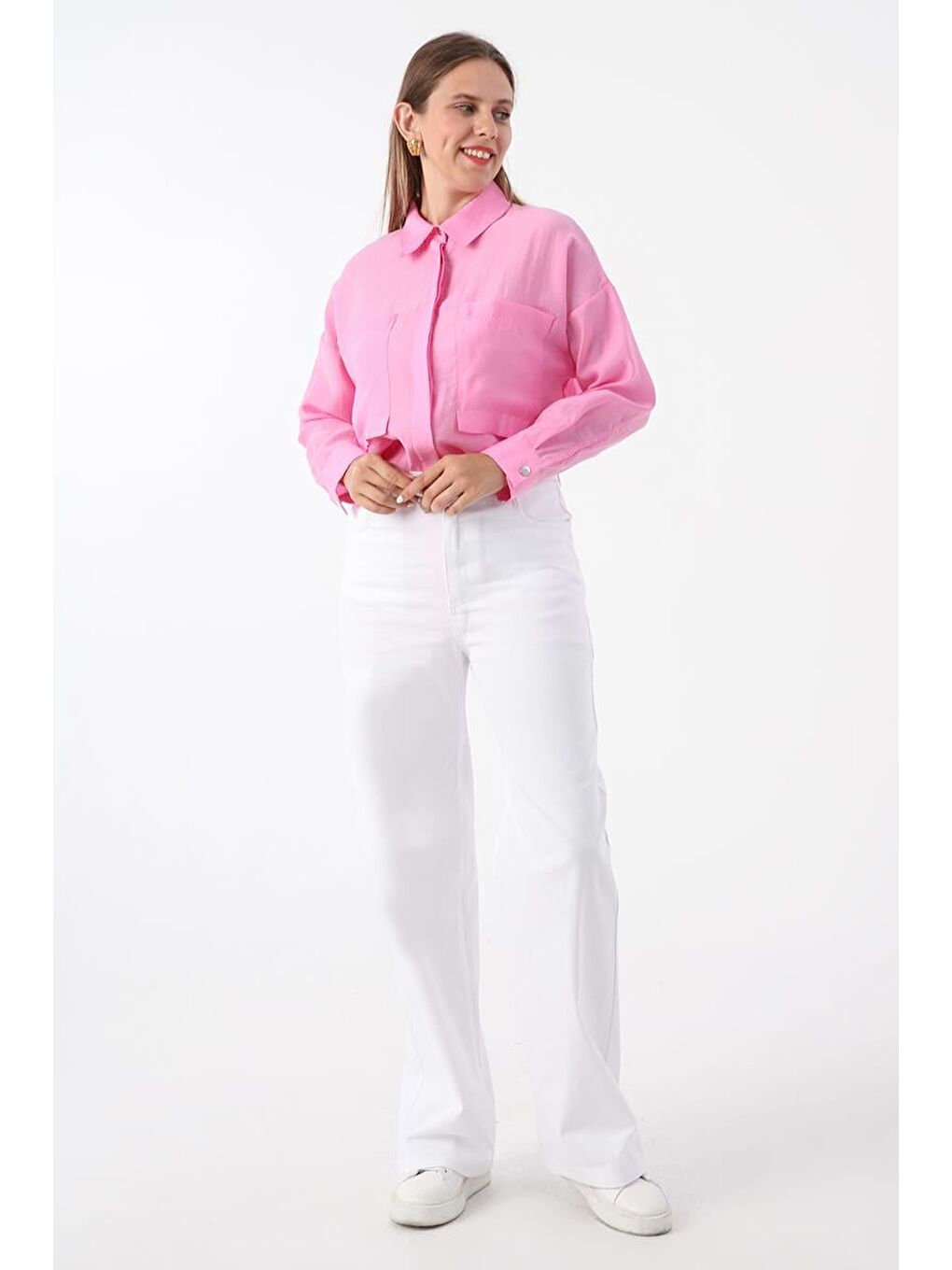 Beyaz Pamuklu Yüksek Bel Bol Paça Elastanlı Pantolon