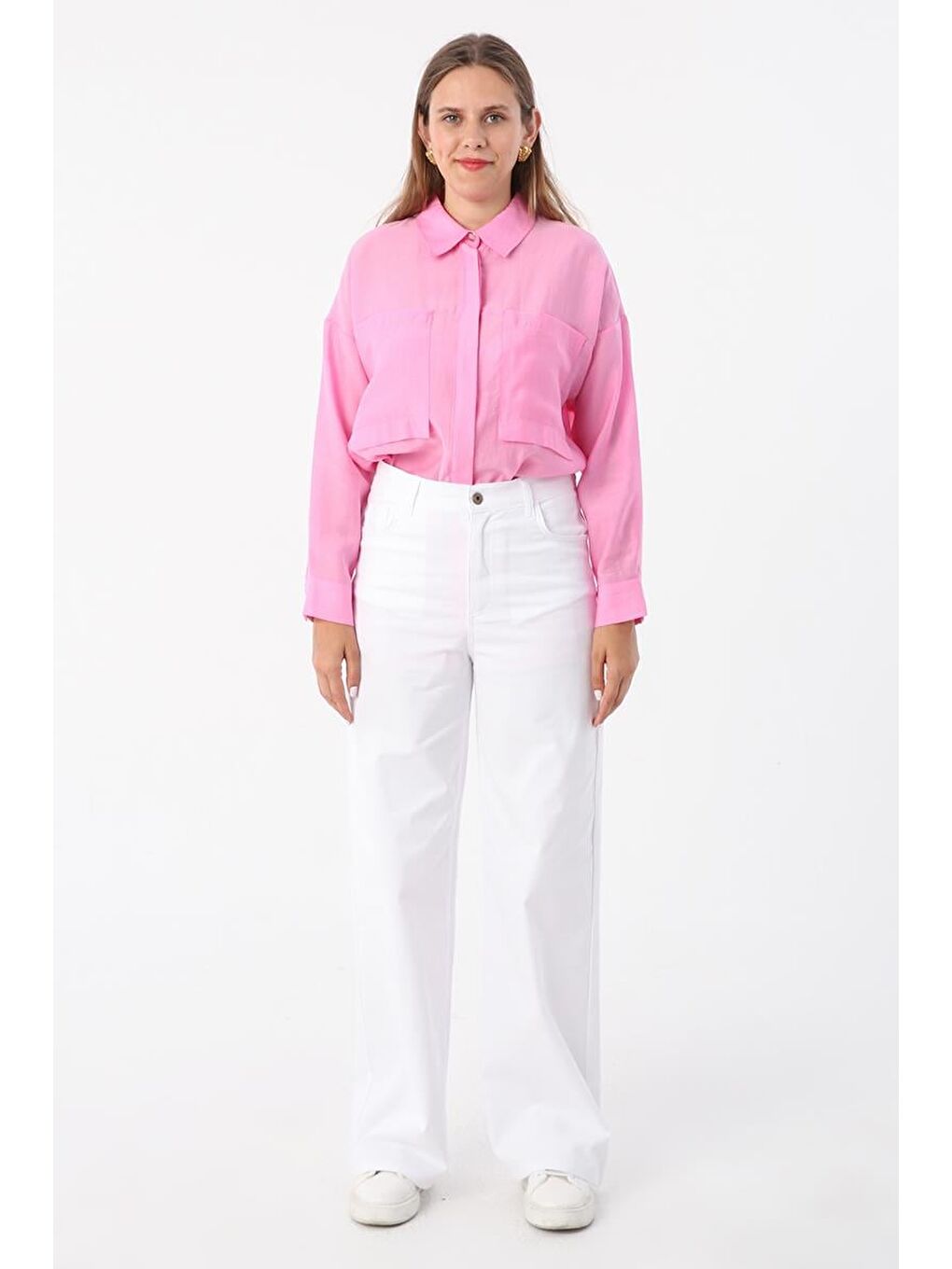 Beyaz Pamuklu Yüksek Bel Bol Paça Elastanlı Pantolon-1