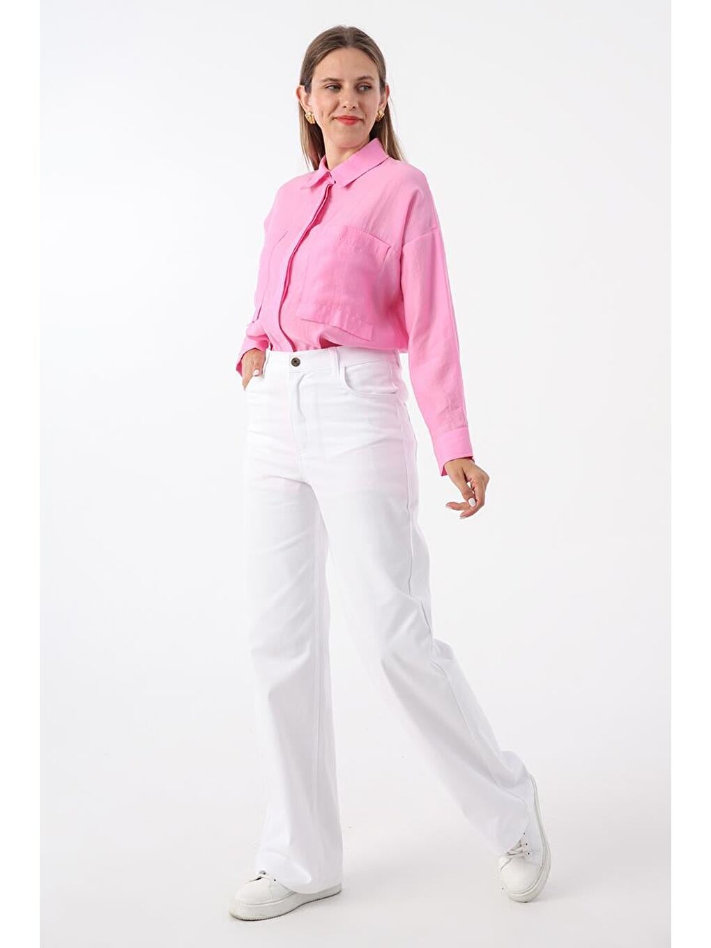 Beyaz Pamuklu Yüksek Bel Bol Paça Elastanlı Pantolon-2