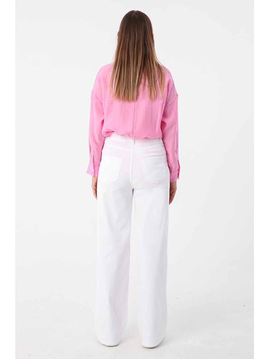 Beyaz Pamuklu Yüksek Bel Bol Paça Elastanlı Pantolon-3