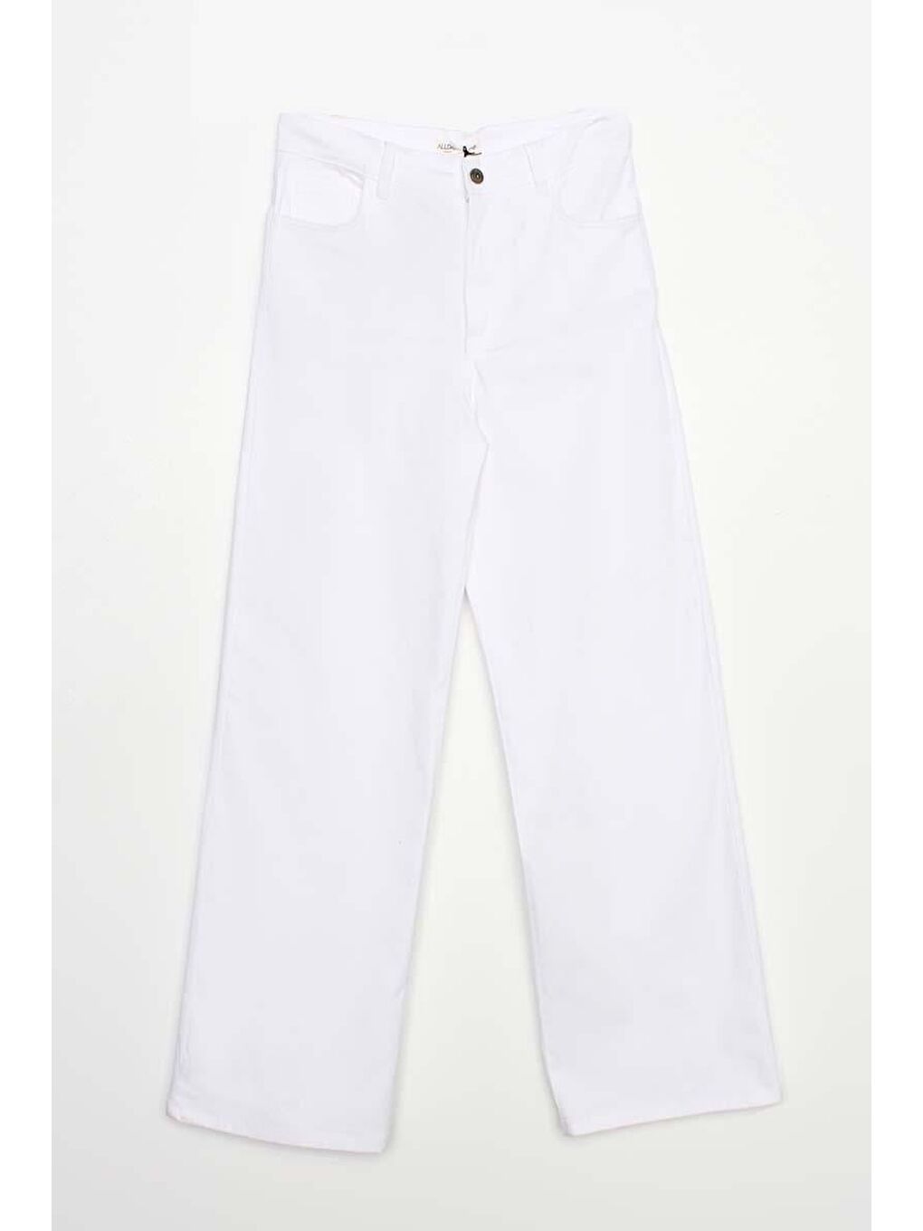 Beyaz Pamuklu Yüksek Bel Bol Paça Elastanlı Pantolon-5