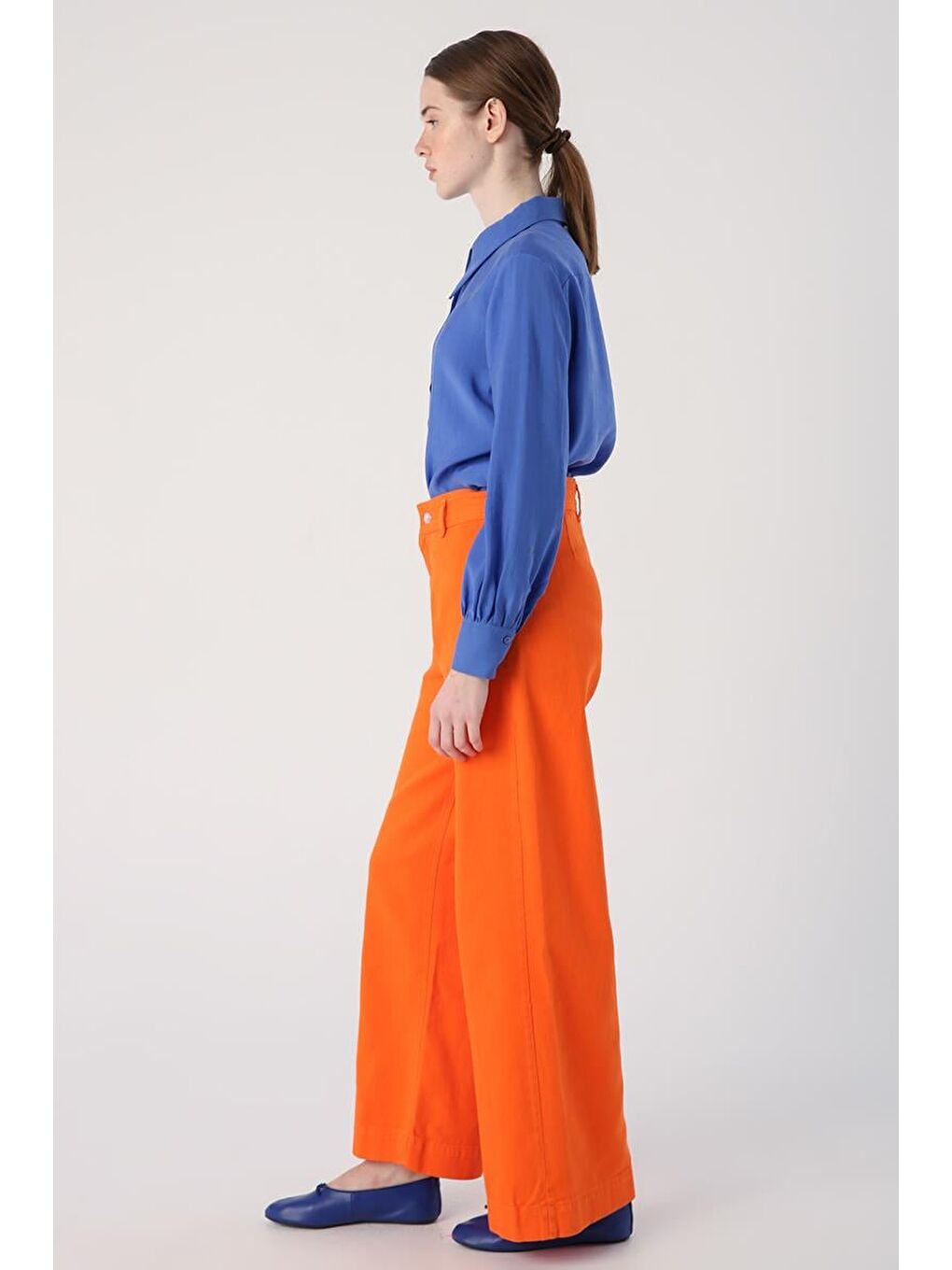 Turuncu-%100 Pamuk Yüksek Bel Bol Paça Pantolon-2