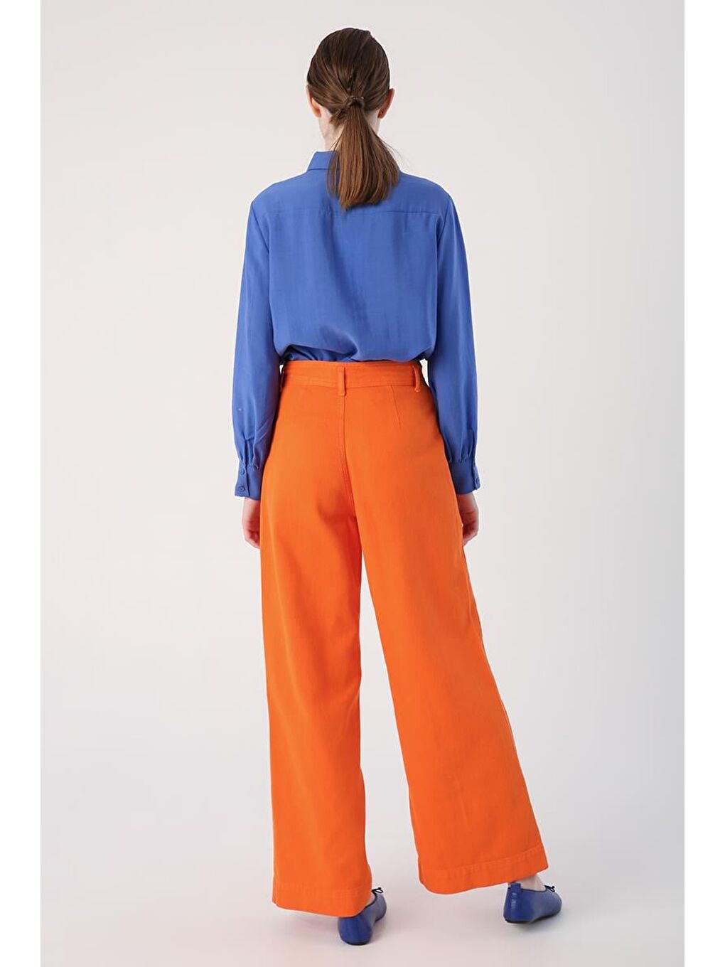 Turuncu-%100 Pamuk Yüksek Bel Bol Paça Pantolon-3