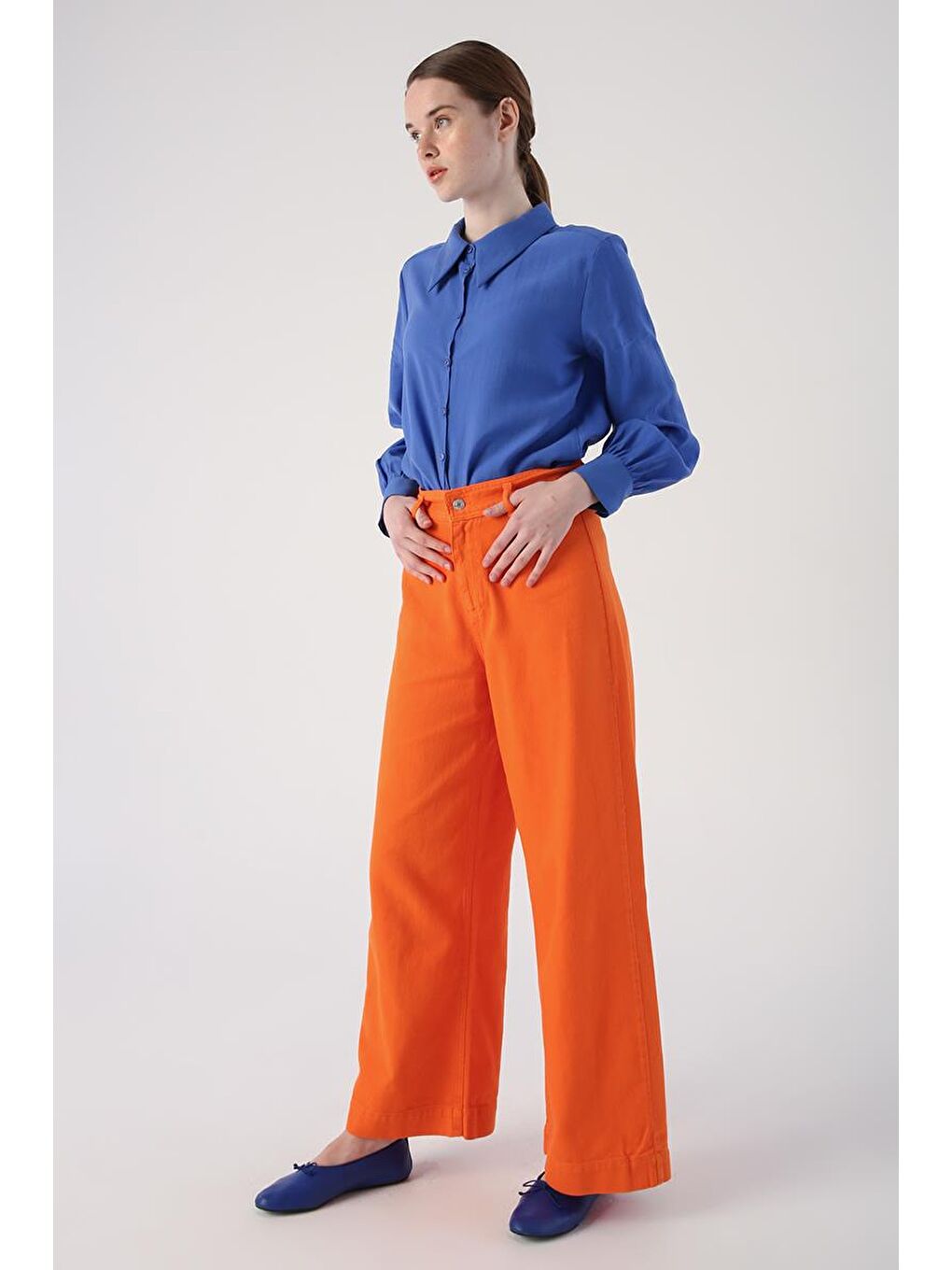 Turuncu-%100 Pamuk Yüksek Bel Bol Paça Pantolon-4