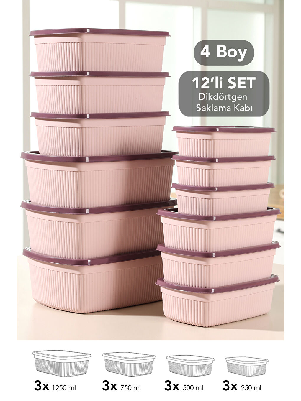 Pembe 12'li Çizgili Dikdörtgen Gıda Saklama Kabı Seti