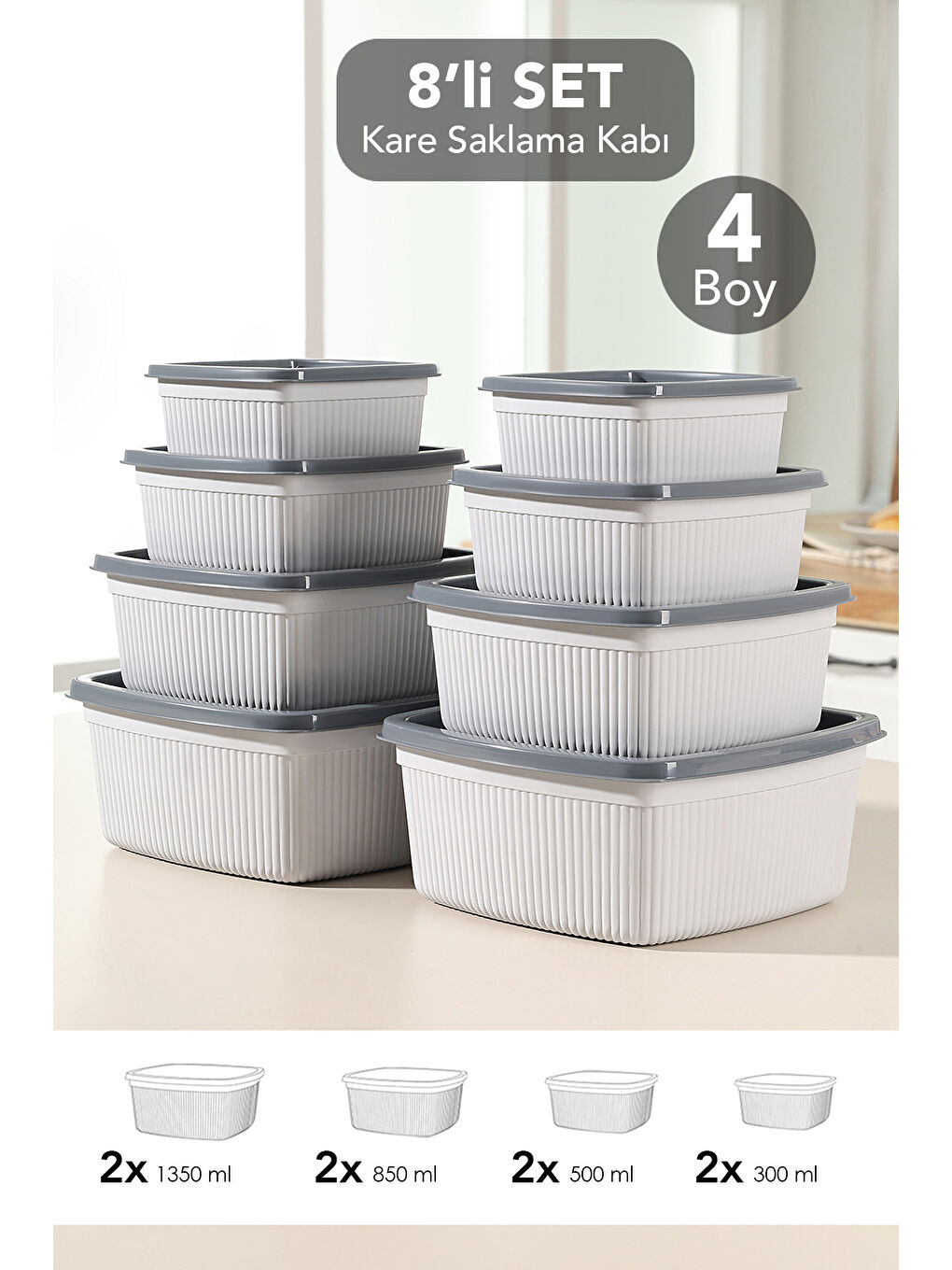 Gri 8'li Çizgili Kare Gıda Saklama Kabı Seti