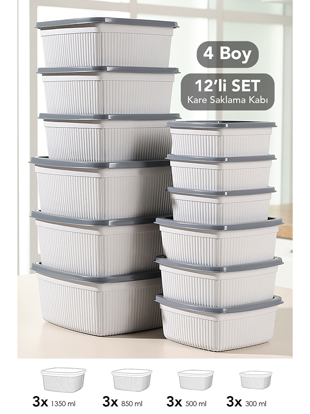 Gri 12'li Çizgili Kare Gıda Saklama Kabı Seti