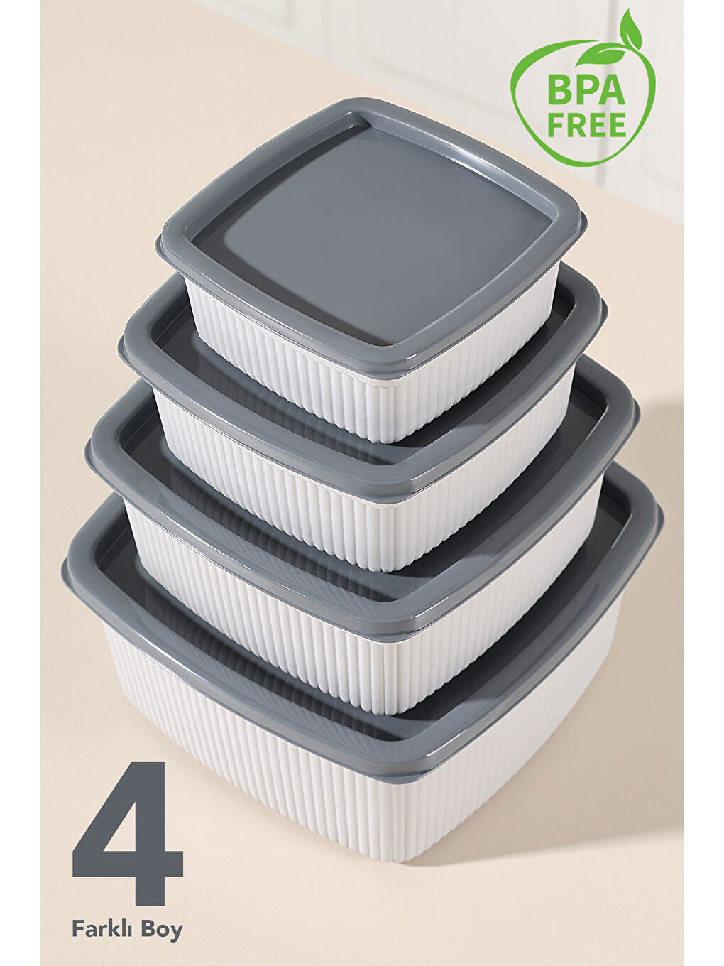 Gri 12'li Çizgili Kare Gıda Saklama Kabı Seti-2